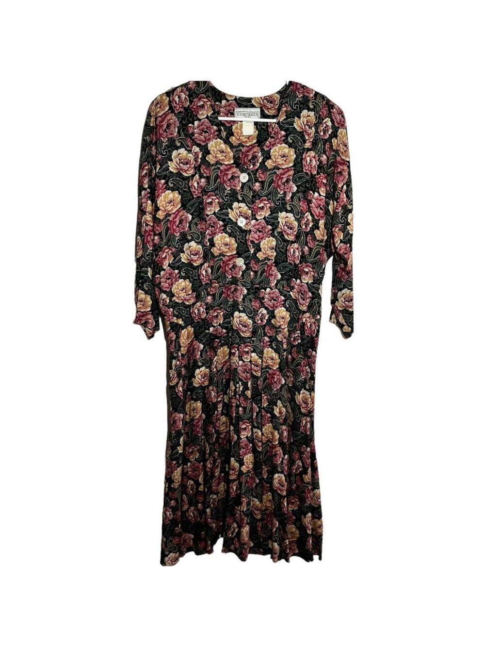 Vintage ED Michaels Midi Dress Shift 80s 3/4 Sleeves Pleated Floral Black 13-14P